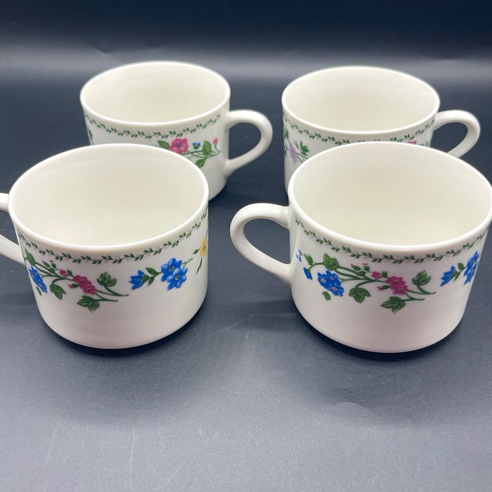 Farberware English Garden Floral Stoneware 225 White Coffee Mug Set 4 Microwave